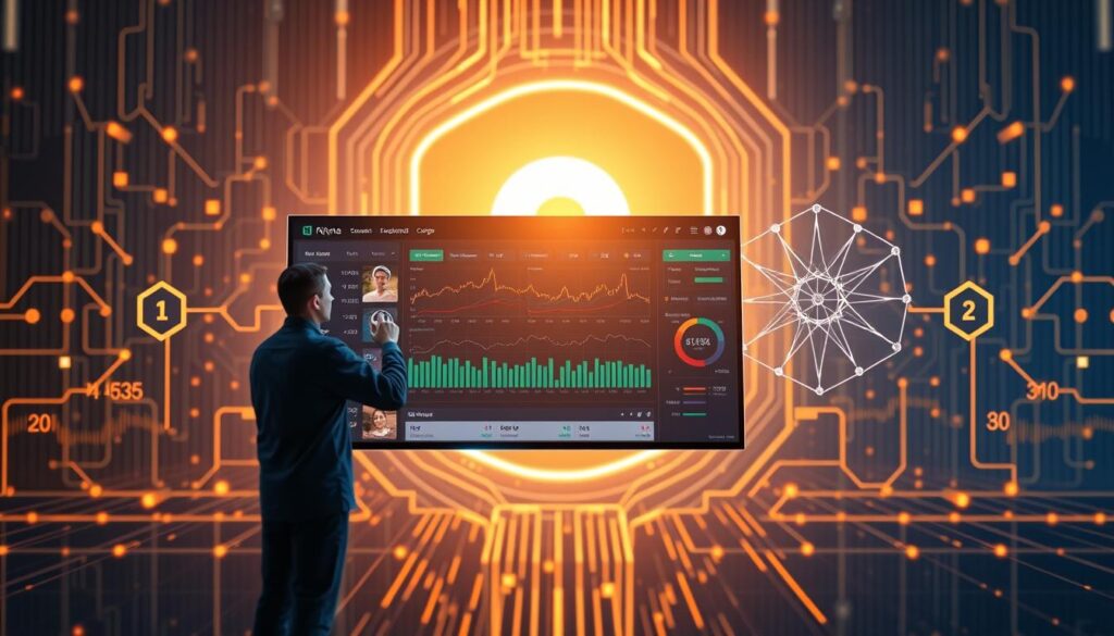 A sleek, modern decentralized exchange interface floats against a backdrop of secure blockchain technology. In the foreground, a user interacts with the intuitive dashboard, navigating seamless trading and portfolio management features. The middle ground showcases cryptographic hashes and distributed ledger diagrams, symbolizing the robust security protocols underlying the platform. The background is bathed in a warm, futuristic glow, evoking a sense of trust and innovation. The composition is balanced, with clean lines and a minimalist aesthetic that conveys the platform's commitment to user-centric design and data protection.