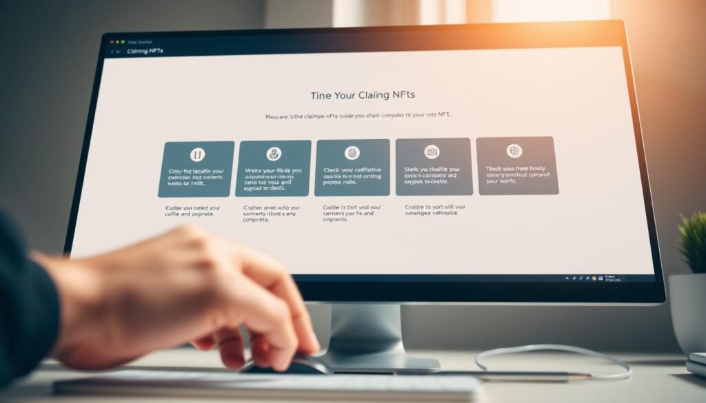 A sleek, modern desktop computer screen with a step-by-step process for claiming NFTs displayed in a clean, minimalist interface. In the foreground, a hand hovers over a mouse, ready to click through the various stages. The middle ground features a well-organized UI with clear, concise instructions and intuitive navigation. The background is a soft, blurred gradient, keeping the focus on the task at hand. Warm, natural lighting casts a subtle glow, creating a sense of professionalism and ease. The overall atmosphere is one of efficiency and simplicity, guiding the viewer through the NFT claiming process with clarity and confidence. A sleek, modern desktop computer screen with a step-by-step process for claiming NFTs displayed in a clean, minimalist interface. In the foreground, a hand hovers over a mouse, ready to click through the various stages. The middle ground features a well-organized UI with clear, concise instructions and intuitive navigation. The background is a soft, blurred gradient, keeping the focus on the task at hand. Warm, natural lighting casts a subtle glow, creating a sense of professionalism and ease. The overall atmosphere is one of efficiency and simplicity, guiding the viewer through the NFT claiming process with clarity and confidence.