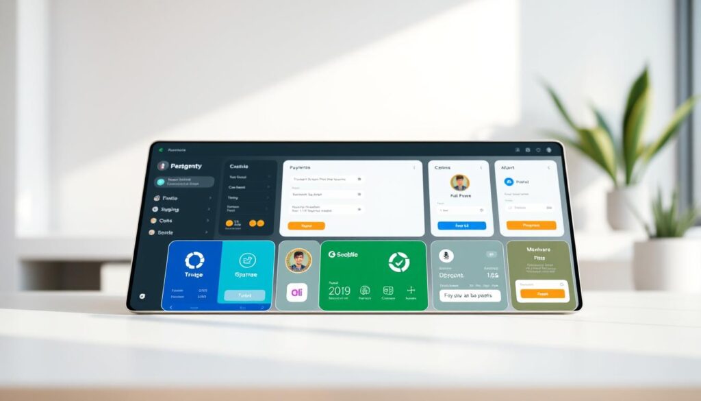 A sleek, modern desktop interface showcasing a collection of customizable payment widgets. In the foreground, various digital payment options are displayed as interactive tiles, each with a unique design and functionality. The middle ground features a minimalist layout with clean lines and neutral tones, allowing the payment widgets to take center stage. The background subtly blurs, creating a sense of depth and focus on the payment interface. Soft, natural lighting illuminates the scene, giving it a professional and inviting atmosphere. The overall composition conveys the idea of a seamless, adaptable payment experience tailored to the user's needs.
