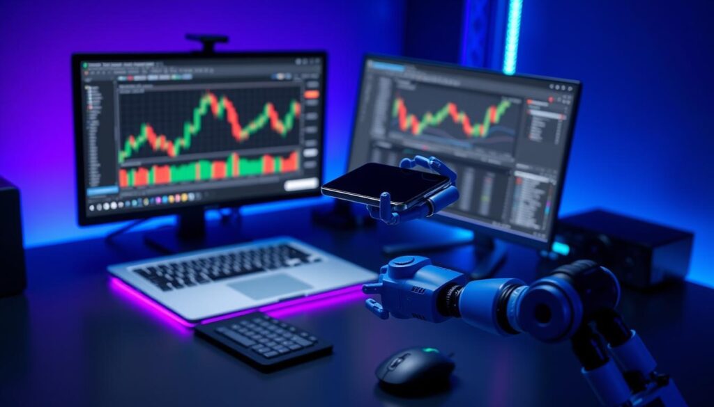 A sleek, modern desktop setup with a laptop, dual monitors, and a high-end keyboard and mouse. The laptop screen displays a cryptocurrency trading platform, with candlestick charts and trading indicators. In the foreground, a robotic arm holding a smartphone hovers over the setup, representing the integration of a crypto trading bot. Subtle blue and purple lighting emanates from the desk, creating a futuristic, technological atmosphere. The scene is captured from a slightly elevated angle, emphasizing the advanced, professional nature of the setup. A sleek, modern desktop setup with a laptop, dual monitors, and a high-end keyboard and mouse. The laptop screen displays a cryptocurrency trading platform, with candlestick charts and trading indicators. In the foreground, a robotic arm holding a smartphone hovers over the setup, representing the integration of a crypto trading bot. Subtle blue and purple lighting emanates from the desk, creating a futuristic, technological atmosphere. The scene is captured from a slightly elevated angle, emphasizing the advanced, professional nature of the setup.