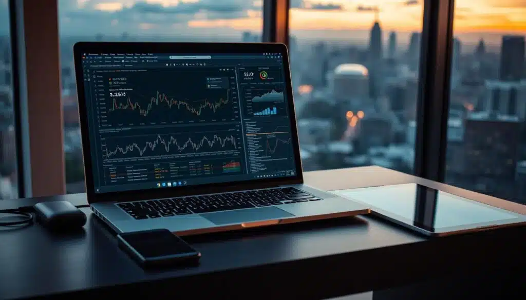 A sleek, modern desktop with a laptop, smartphone, and digital tablet arranged neatly. On the laptop screen, complex graphs, charts, and lines of code visualize the interplay of natural language processing and crypto analysis. The desktop is illuminated by a warm, ambient light, creating a serene, focused atmosphere. In the background, a cityscape at dusk is visible through a large window, hinting at the global nature of cryptocurrency markets. The overall scene conveys the intersection of cutting-edge technology, financial analysis, and the future of digital currencies.