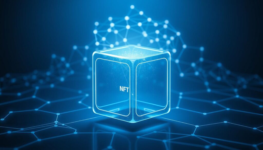 A sleek, modern digital artwork depicting the concept of blockchain-based digital ownership. In the foreground, a shimmering, translucent cube represents a non-fungible token (NFT), its edges glowing with an ethereal blue light. Floating above it, a stylized blockchain network of interconnected nodes and data streams forms a dynamic, three-dimensional backdrop. The overall composition conveys a sense of technological sophistication, digital security, and the power of decentralized ownership. Illuminated by cool, directional lighting that casts deep shadows, the image evokes a sense of clarity, precision, and the cutting-edge of digital asset management. A sleek, modern digital artwork depicting the concept of blockchain-based digital ownership. In the foreground, a shimmering, translucent cube represents a non-fungible token (NFT), its edges glowing with an ethereal blue light. Floating above it, a stylized blockchain network of interconnected nodes and data streams forms a dynamic, three-dimensional backdrop. The overall composition conveys a sense of technological sophistication, digital security, and the power of decentralized ownership. Illuminated by cool, directional lighting that casts deep shadows, the image evokes a sense of clarity, precision, and the cutting-edge of digital asset management.
