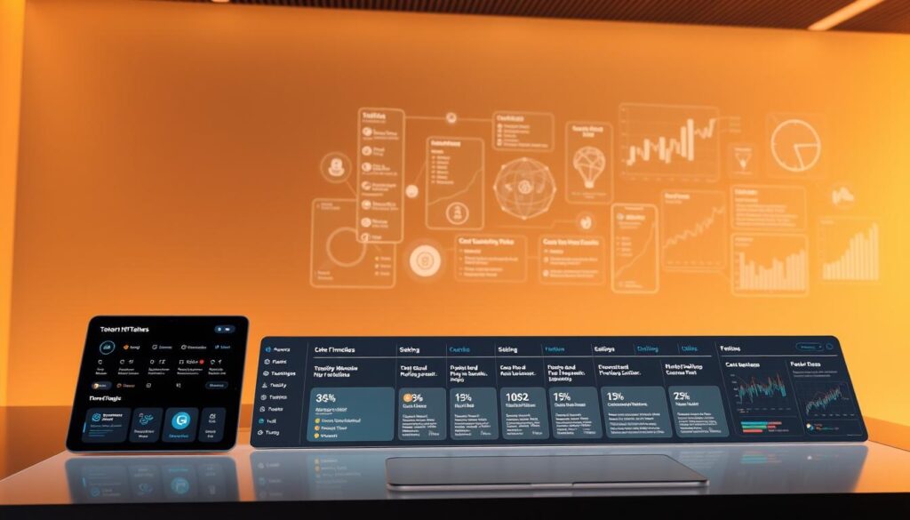 A sleek, modern digital platform with a clean, minimalist interface. In the foreground, various NFT-related features are prominently displayed, such as a token wallet, a marketplace, and a staking dashboard. The middle ground showcases an interactive timeline of upcoming NFT launches, with detailed information on project roadmaps and team profiles. In the background, a series of holographic charts and graphs depicting platform-specific analytics and performance metrics, illuminated by a soft, warm lighting that creates a sense of sophistication and technological advancement. The overall atmosphere conveys a sense of professionalism, innovation, and user-centric design, perfectly suited for an article on the best NFT launchpads.