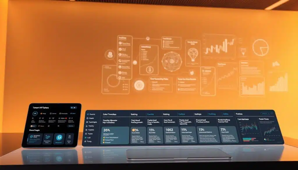 A sleek, modern digital platform with a clean, minimalist interface. In the foreground, various NFT-related features are prominently displayed, such as a token wallet, a marketplace, and a staking dashboard. The middle ground showcases an interactive timeline of upcoming NFT launches, with detailed information on project roadmaps and team profiles. In the background, a series of holographic charts and graphs depicting platform-specific analytics and performance metrics, illuminated by a soft, warm lighting that creates a sense of sophistication and technological advancement. The overall atmosphere conveys a sense of professionalism, innovation, and user-centric design, perfectly suited for an article on the best NFT launchpads.