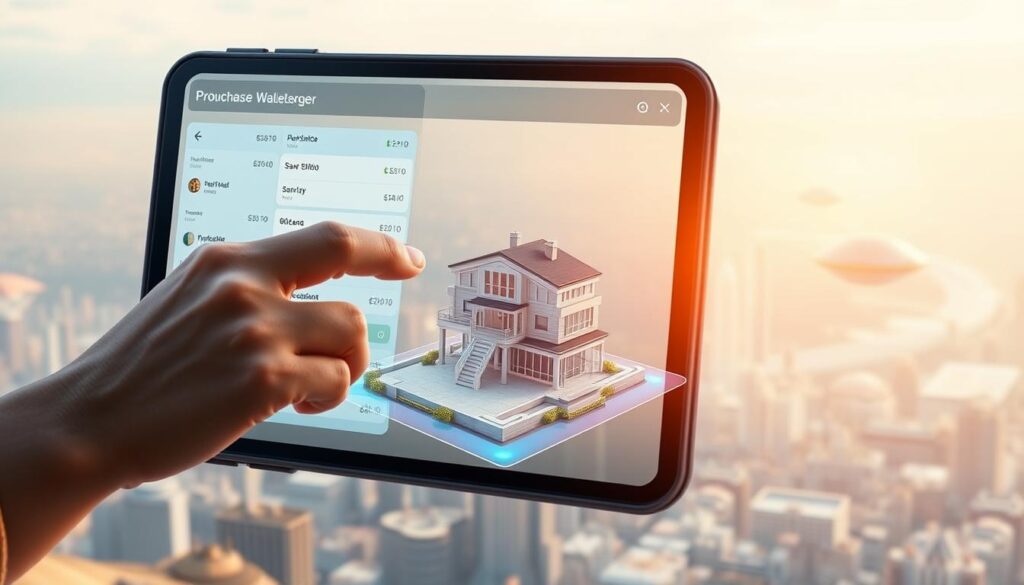 A sleek, modern digital wallet interface set against a backdrop of a virtual 3D property landscape. In the foreground, a user's hands interact with a holographic display, navigating various purchase options and transaction details. The middle ground features a detailed 3D model of a futuristic metaverse property, showcasing its architectural design and surrounding environment. In the background, a vast, ethereal cityscape of the virtual world stretches out, with skyscrapers and floating islands hovering in the distance. The scene is lit by a warm, diffused lighting, creating a sense of depth and immersion. The overall mood is one of seamless integration between the digital and physical realms, highlighting the ease and convenience of purchasing virtual land in the metaverse. A sleek, modern digital wallet interface set against a backdrop of a virtual 3D property landscape. In the foreground, a user's hands interact with a holographic display, navigating various purchase options and transaction details. The middle ground features a detailed 3D model of a futuristic metaverse property, showcasing its architectural design and surrounding environment. In the background, a vast, ethereal cityscape of the virtual world stretches out, with skyscrapers and floating islands hovering in the distance. The scene is lit by a warm, diffused lighting, creating a sense of depth and immersion. The overall mood is one of seamless integration between the digital and physical realms, highlighting the ease and convenience of purchasing virtual land in the metaverse.