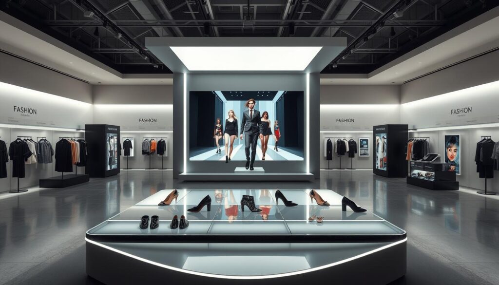 A sleek, modern fashion showroom showcasing a range of digital fashion items. In the foreground, a central display platform features stunning 3D-modeled digital garments, accessories, and shoes, showcased with cinematic lighting and photorealistic textures. Behind it, a large LED screen displays a digital runway, with models wearing the digital fashion pieces in a dynamic, high-energy animation. The middle ground features display cases highlighting the benefits of digital fashion, such as sustainability, customization, and global accessibility. The background depicts a futuristic, minimalist interior with clean lines, high ceilings, and a serene, contemplative atmosphere, emphasizing the cutting-edge nature of the digital fashion space. A sleek, modern fashion showroom showcasing a range of digital fashion items. In the foreground, a central display platform features stunning 3D-modeled digital garments, accessories, and shoes, showcased with cinematic lighting and photorealistic textures. Behind it, a large LED screen displays a digital runway, with models wearing the digital fashion pieces in a dynamic, high-energy animation. The middle ground features display cases highlighting the benefits of digital fashion, such as sustainability, customization, and global accessibility. The background depicts a futuristic, minimalist interior with clean lines, high ceilings, and a serene, contemplative atmosphere, emphasizing the cutting-edge nature of the digital fashion space.