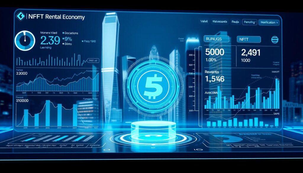 A sleek, modern financial dashboard displaying the mechanics of digital asset rental income. The foreground features a transparent virtual interface with interactive charts, graphs, and data visualizations detailing rental yields, occupancy rates, and revenue streams. In the middle ground, a minimalist 3D holographic model of an NFT rotates, showcasing its unique digital attributes. The background depicts a futuristic cityscape with gleaming skyscrapers, hinting at the scale and integration of the digital rental economy. The scene is bathed in a cool, blue-tinted lighting, creating an aura of technological sophistication and financial prowess. A sleek, modern financial dashboard displaying the mechanics of digital asset rental income. The foreground features a transparent virtual interface with interactive charts, graphs, and data visualizations detailing rental yields, occupancy rates, and revenue streams. In the middle ground, a minimalist 3D holographic model of an NFT rotates, showcasing its unique digital attributes. The background depicts a futuristic cityscape with gleaming skyscrapers, hinting at the scale and integration of the digital rental economy. The scene is bathed in a cool, blue-tinted lighting, creating an aura of technological sophistication and financial prowess.