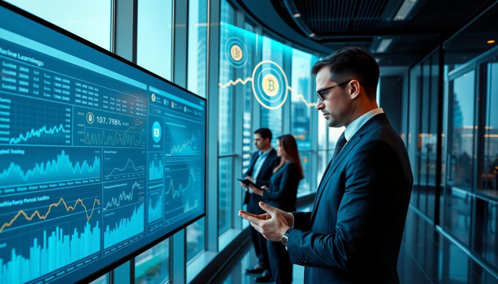 A sleek, modern fintech office interior with large windows overlooking a bustling cityscape. In the foreground, a businessman examines various cryptocurrency charts and graphs displayed on a high-resolution touchscreen monitor. The middle ground features a team of data analysts collaboratively reviewing machine learning-driven insights about emerging altcoin projects, their technical roadmaps, and investment potentials. In the background, a large holographic display showcases real-time cryptocurrency market trends, volatility, and portfolio performance analytics. The lighting is cool-toned and professional, with subtle ambient lighting accents. The atmosphere conveys a sense of technological innovation, data-driven decision-making, and the financial opportunities enabled by the latest advancements in AI-powered investment platforms.