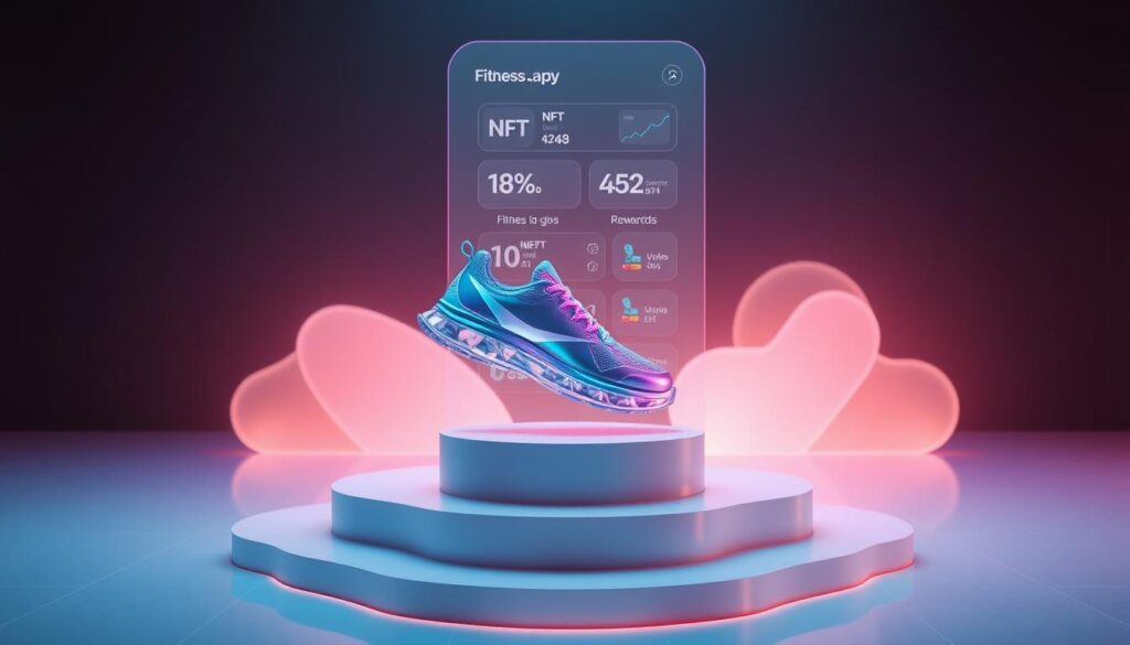 A sleek, modern fitness app platform with a futuristic, translucent interface. In the foreground, a pair of stylized, iridescent NFT sneakers hover above a futuristic, stepped pedestal. The sneakers feature dynamic, holographic accents and an intricate, geometric design. The middle ground showcases a minimalist, floating display with various fitness-related metrics and rewards. The background is a serene, dimly-lit environment with a sense of depth, featuring softly glowing, abstract shapes and a subtle, gradient-based color palette. The overall mood is one of technological innovation, personal empowerment, and a captivating blend of the digital and physical realms.