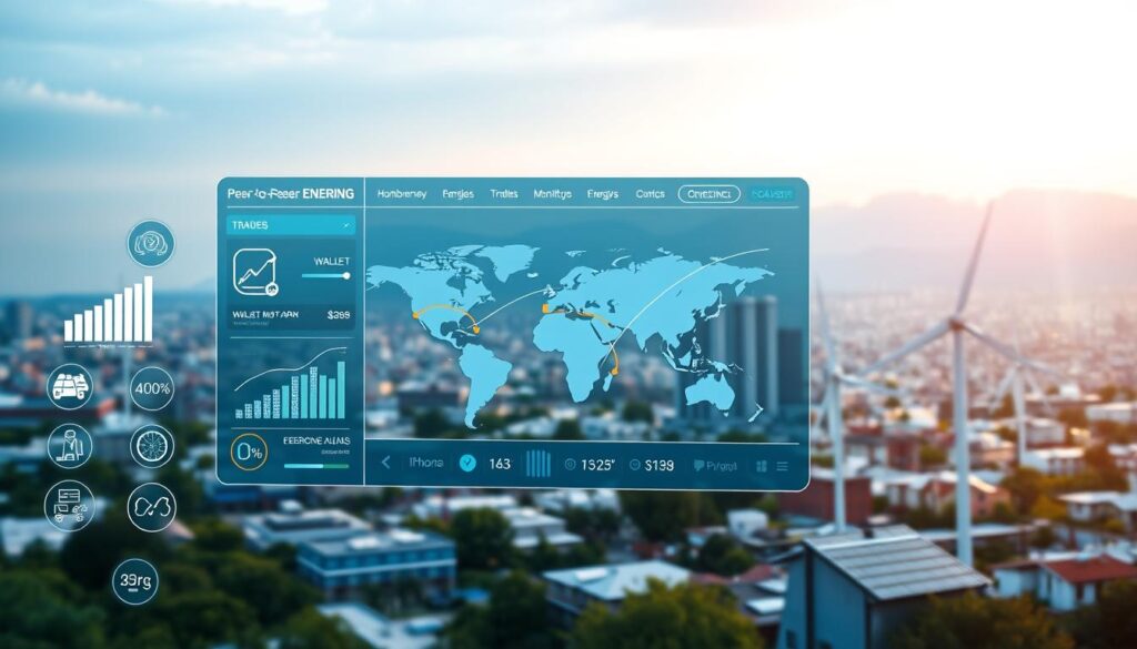 A sleek, modern interface depicting a peer-to-peer energy trading platform. In the foreground, various icons and visualizations represent the key features - energy trading, wallet management, and real-time monitoring. The middle ground showcases a world map with dynamic energy flow arrows, highlighting the interconnected grid. In the background, a cityscape with renewable energy sources like solar panels and wind turbines sets the scene. Soft, warm lighting creates a sense of clean, efficient technology. The overall atmosphere conveys a streamlined, intuitive platform empowering users to take control of their energy future.
