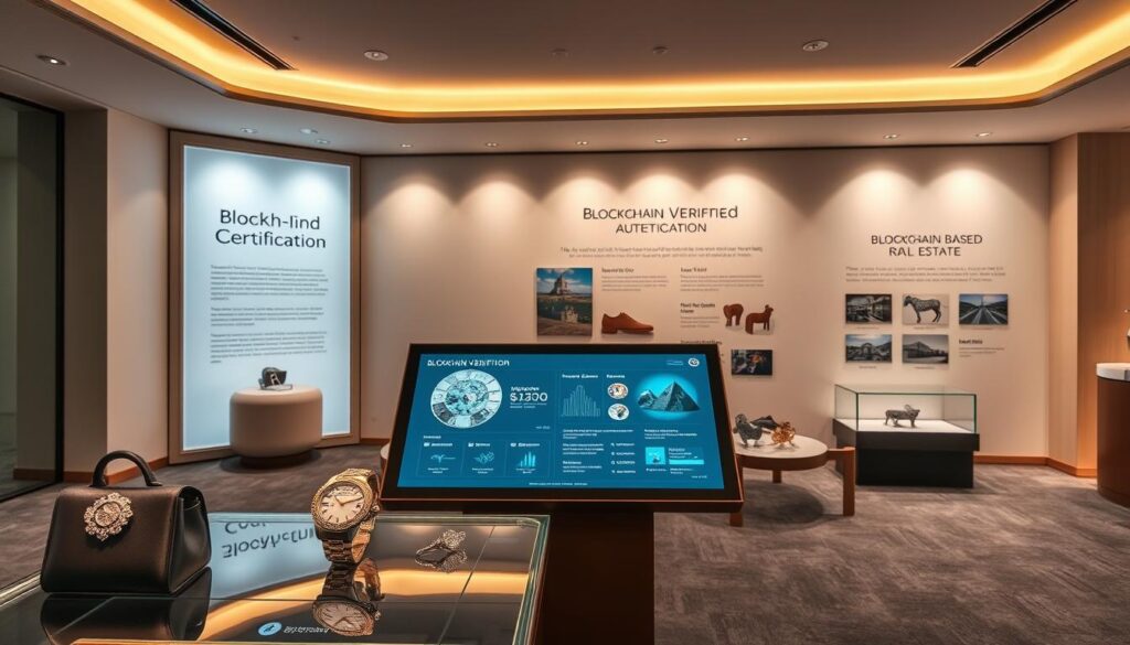 A sleek, modern interior with a high-end luxury display showcasing various blockchain-verified items across different sectors. In the foreground, a glass display case features a gleaming luxury watch, handbag, and jewelry, all authenticated through blockchain technology. The middle ground shows a large touchscreen interface displaying detailed product information and provenance. In the background, a minimalist wall exhibit highlights blockchain-based certification for fine art, collectibles, and real estate. Warm lighting creates a sophisticated ambiance, while clean lines and neutral tones convey a sense of elevated technology and exclusivity. A sleek, modern interior with a high-end luxury display showcasing various blockchain-verified items across different sectors. In the foreground, a glass display case features a gleaming luxury watch, handbag, and jewelry, all authenticated through blockchain technology. The middle ground shows a large touchscreen interface displaying detailed product information and provenance. In the background, a minimalist wall exhibit highlights blockchain-based certification for fine art, collectibles, and real estate. Warm lighting creates a sophisticated ambiance, while clean lines and neutral tones convey a sense of elevated technology and exclusivity.