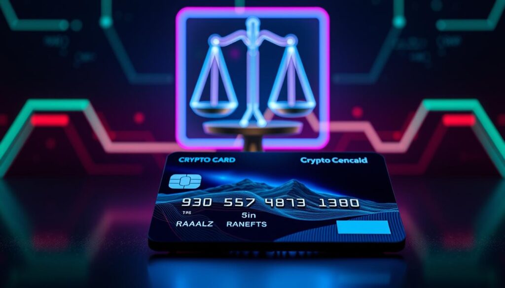 A sleek, modern-looking credit card with a crypto-themed design lies at the forefront, its surface reflecting a vibrant digital landscape. In the middle ground, a holographic display showcases a balanced scale, symbolizing the benefits and risks of using a credit card for cryptocurrency transactions. The background blends futuristic neon hues and a subtle grid pattern, evoking the technological nature of the subject matter. Dramatic lighting casts dramatic shadows, creating a sense of depth and emphasizing the card's metallic texture. The overall composition conveys a sense of careful consideration, inviting the viewer to explore the nuances of this financial intersection.