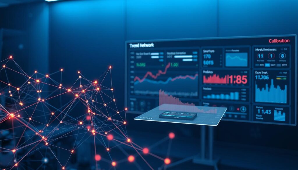 A sleek, modern neural network visualization depicting a trend analysis model in calibration. In the foreground, a complex graph of interconnected nodes and edges pulsates with dynamic energy, showcasing the intricate relationships between market trends. The middle ground features a 3D projection of the model's parameters, with colorful data visualizations and adjustable sliders for fine-tuning. In the background, a minimalist control panel displays real-time performance metrics, offering insights into the model's accuracy and predictive capabilities. The scene is bathed in a cool, blue-tinted lighting, creating a sophisticated, high-tech atmosphere. The composition is balanced and visually striking, highlighting the technical prowess and analytical depth of the trend network calibration process.