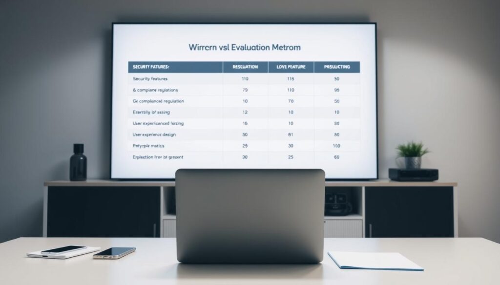 A sleek, modern office desk with a laptop, smartphone, and notepad arranged neatly. In the background, a large display screen shows various platform evaluation metrics such as security features, compliance regulations, and user experience design. The lighting is bright and even, creating a professional, productive atmosphere. The camera angle is slightly elevated, providing a comprehensive view of the desktop setup. The overall composition conveys a sense of thoughtful analysis and decision-making around selecting the right cryptocurrency airdrop platform. A sleek, modern office desk with a laptop, smartphone, and notepad arranged neatly. In the background, a large display screen shows various platform evaluation metrics such as security features, compliance regulations, and user experience design. The lighting is bright and even, creating a professional, productive atmosphere. The camera angle is slightly elevated, providing a comprehensive view of the desktop setup. The overall composition conveys a sense of thoughtful analysis and decision-making around selecting the right cryptocurrency airdrop platform.