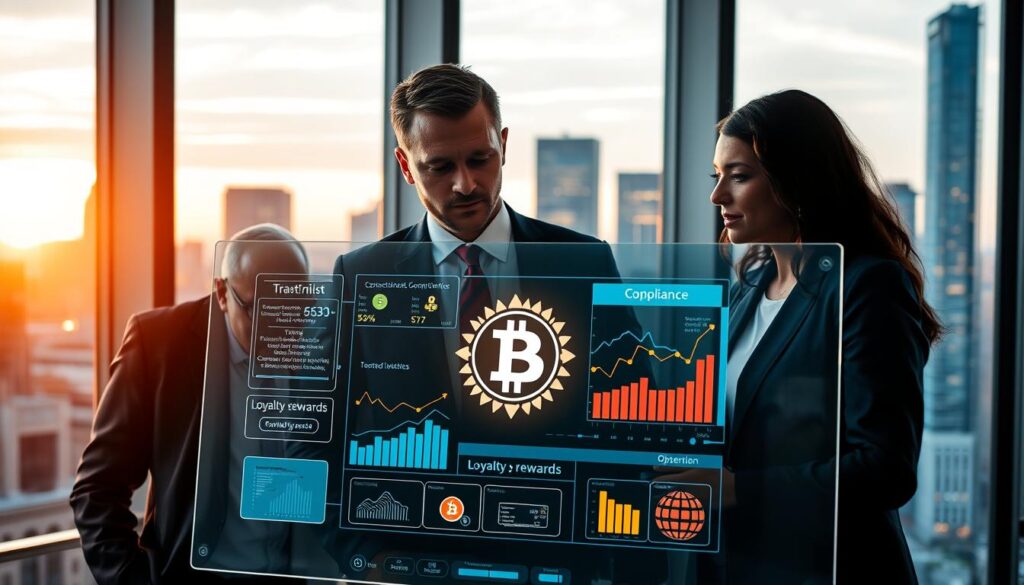 A sleek, modern office environment focused on loyalty program security. In the foreground, a diverse group of three professionals—two men and one woman—dressed in business attire, scrutinizing a digital screen displaying security analytics and compliance metrics. The middle layer features a large, transparent touchscreen showcasing a cryptographic symbol and graphs representing cryptocurrency transactions and loyalty rewards. In the background, tall glass windows reveal a bustling city skyline, illuminated by warm evening light. The atmosphere conveys a sense of collaboration and innovation, emphasizing trust and security within the realm of cryptocurrency rewards. Use soft, focused lighting to highlight the professionals' expressions of concentration and determination. Shot with a slightly elevated angle to capture both the team and the digital interface prominently. A sleek, modern office environment focused on loyalty program security. In the foreground, a diverse group of three professionals—two men and one woman—dressed in business attire, scrutinizing a digital screen displaying security analytics and compliance metrics. The middle layer features a large, transparent touchscreen showcasing a cryptographic symbol and graphs representing cryptocurrency transactions and loyalty rewards. In the background, tall glass windows reveal a bustling city skyline, illuminated by warm evening light. The atmosphere conveys a sense of collaboration and innovation, emphasizing trust and security within the realm of cryptocurrency rewards. Use soft, focused lighting to highlight the professionals' expressions of concentration and determination. Shot with a slightly elevated angle to capture both the team and the digital interface prominently.