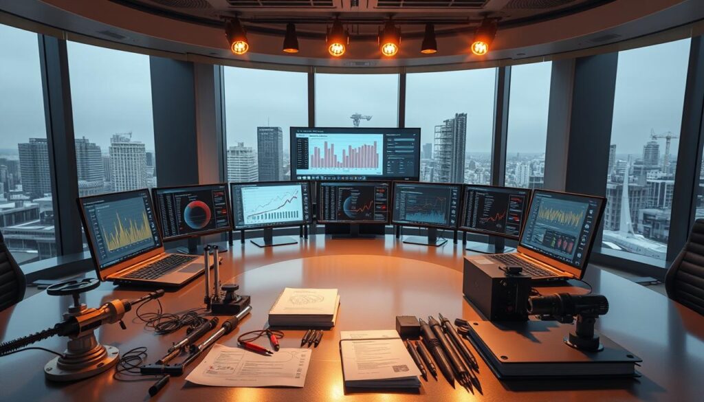 A sleek, modern office interior with a large, curved desk showcasing multiple laptop screens displaying various data visualizations and AI model performance metrics. The scene is bathed in warm, directional lighting from overhead spotlights, casting dramatic shadows and highlights on the polished desk surface. In the foreground, a collection of precision instruments, calibration tools, and technical manuals are neatly arranged, hinting at the rigorous process of benchmarking AI prediction models. The background features floor-to-ceiling windows overlooking a cityscape, emphasizing the corporate, high-tech setting. The overall atmosphere conveys a sense of professionalism, innovation, and the pursuit of data-driven insights.