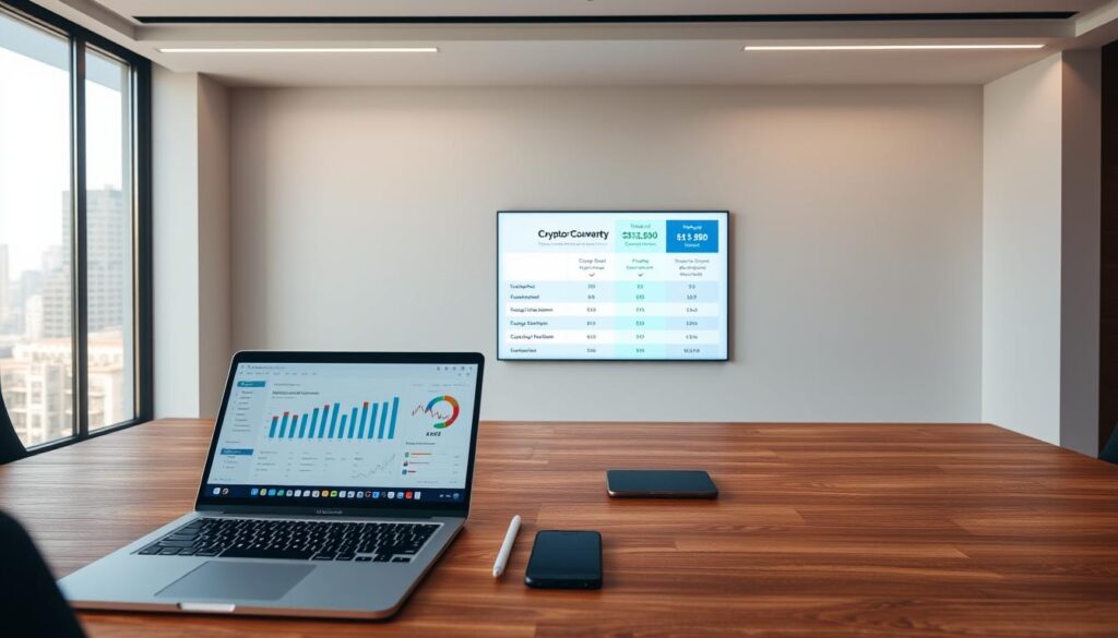 A sleek, modern office interior with a large, wooden desk showcasing various cryptocurrency accounting software options. In the foreground, a laptop displays financial dashboards, charts, and analytics, highlighting the software's key features. On the desk, neatly arranged are a tablet, a smartphone, and a stylus, creating a seamless, technology-driven workspace. The middle ground features a large monitor displaying a side-by-side comparison of the accounting software, with detailed information on their functionalities, pricing, and user reviews. The background is a minimalist, well-lit environment, with a large window overlooking a cityscape, conveying a professional and sophisticated atmosphere.