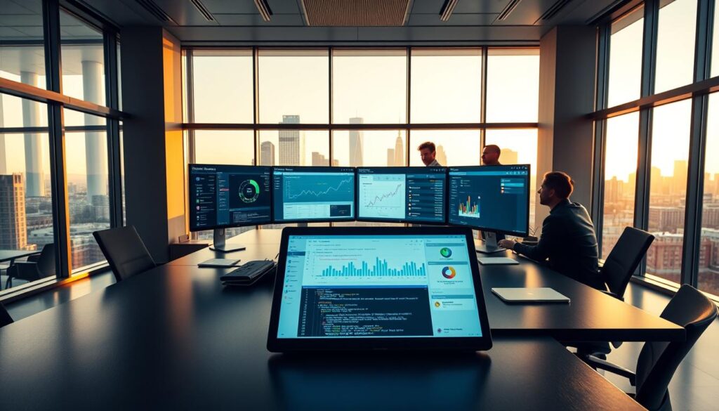 A sleek, modern office interior with floor-to-ceiling windows, bathed in soft, warm lighting. In the foreground, a large desk with multiple monitors displays various blockchain audit tools and AI-powered analytics dashboards. On the desk, a tablet shows a detailed smart contract audit report, with visual graphs and code snippets. The middle ground features a team of data scientists and blockchain experts collaborating, gesturing towards the screens. In the background, the cityscape is visible through the windows, suggesting the global reach and impact of these cutting-edge audit technologies. A sleek, modern office interior with floor-to-ceiling windows, bathed in soft, warm lighting. In the foreground, a large desk with multiple monitors displays various blockchain audit tools and AI-powered analytics dashboards. On the desk, a tablet shows a detailed smart contract audit report, with visual graphs and code snippets. The middle ground features a team of data scientists and blockchain experts collaborating, gesturing towards the screens. In the background, the cityscape is visible through the windows, suggesting the global reach and impact of these cutting-edge audit technologies.