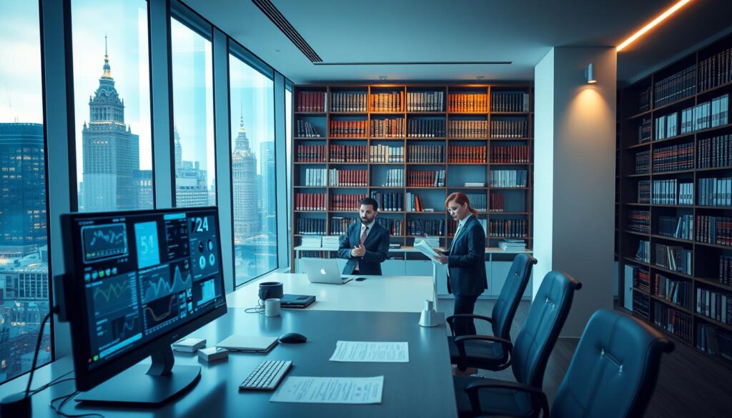 A sleek, modern office interior with floor-to-ceiling windows overlooking a bustling city skyline. In the foreground, a desk with a state-of-the-art computer and security monitoring screens, conveying a sense of vigilance and control. Soft, indirect lighting illuminates the space, casting a warm glow. In the middle ground, a team of professionals in business attire reviewing data analytics and compliance reports, their expressions focused and determined. In the background, a towering bookshelf filled with legal tomes and regulatory documents, symbolizing the importance of meticulous oversight and adherence to guidelines. An atmosphere of professionalism, security, and ethical responsibility pervades the scene.