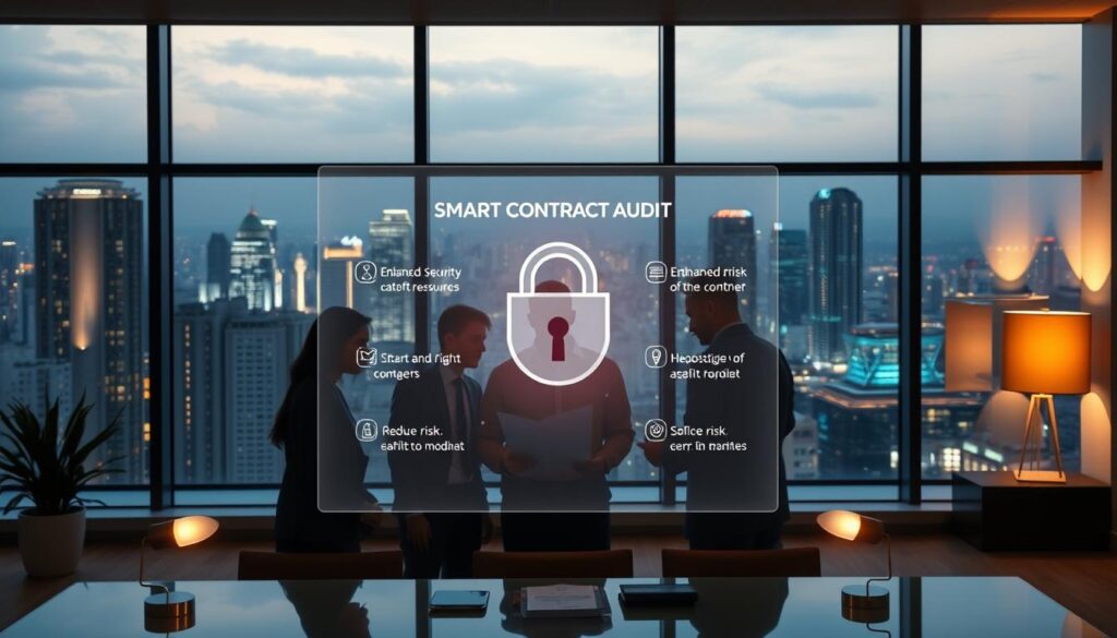 A sleek, modern office interior with large windows overlooking a bustling city skyline. In the foreground, a team of business professionals gathered around a table, engrossed in a discussion about a detailed smart contract audit report. The lighting is warm and inviting, with subtle, strategically placed lamps illuminating the scene. The middle ground features a holographic display showcasing the key benefits of a robust smart contract audit, including enhanced security, reduced risk, and increased trust. The background depicts a stylized graphic representation of the blockchain network, emphasizing the technological prowess behind the audit process. The overall atmosphere conveys a sense of professionalism, innovation, and the importance of securing critical business transactions.