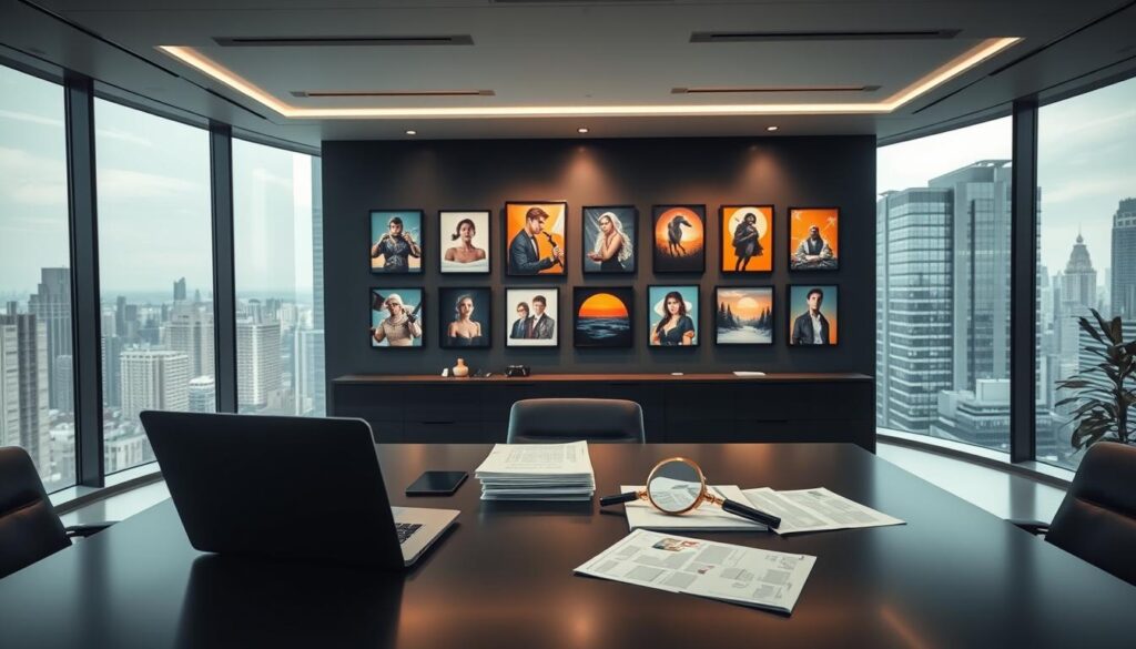 A sleek, modern office setting with a large desk in the foreground. On the desk, a laptop, a stack of papers, and a magnifying glass, symbolizing the analysis of investment factors. In the middle ground, a wall display showcases various NFT artworks, each representing a popular collection. The background features floor-to-ceiling windows overlooking a bustling cityscape, creating a sense of a professional, forward-thinking environment. The lighting is soft and indirect, creating a contemplative atmosphere. The camera angle is slightly elevated, giving the viewer a bird's-eye perspective on the evaluation process.