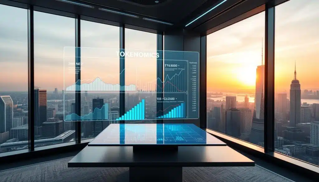 A sleek, modern office setting with a large floor-to-ceiling window overlooking a bustling cityscape. In the foreground, a holographic display hovers above a stylish desk, showcasing dynamic graphs and charts that illustrate the "tokenomics utility demand valuation" concept. The display projects a sense of depth and interactivity, with intuitive data visualizations and infographics. The lighting is soft and warm, creating a professional yet inviting atmosphere. In the background, the city skyline is bathed in the glow of the setting sun, adding a sense of timelessness and global connectivity to the scene.