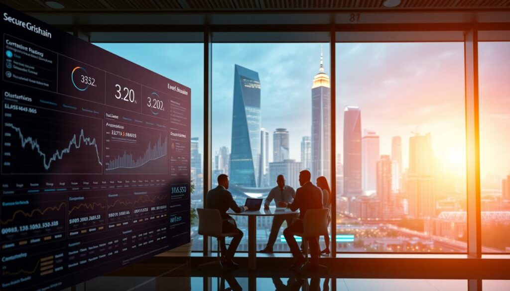 A sleek, modern office setting with a large glass window overlooking a bustling city skyline. In the foreground, a secure blockchain dashboard displays real-time analytics, cryptographic hashes, and transaction logs. Subtle lighting casts a warm glow, emphasizing the technological sophistication. In the middle ground, a team of data analysts and cybersecurity experts huddle around a conference table, deep in discussion about the latest fraud prevention strategies. The background features towering skyscrapers and a vibrant, futuristic cityscape, symbolizing the scale and importance of blockchain-powered financial security. The overall atmosphere conveys a sense of innovation, precision, and vigilance in the face of emerging digital threats. A sleek, modern office setting with a large glass window overlooking a bustling city skyline. In the foreground, a secure blockchain dashboard displays real-time analytics, cryptographic hashes, and transaction logs. Subtle lighting casts a warm glow, emphasizing the technological sophistication. In the middle ground, a team of data analysts and cybersecurity experts huddle around a conference table, deep in discussion about the latest fraud prevention strategies. The background features towering skyscrapers and a vibrant, futuristic cityscape, symbolizing the scale and importance of blockchain-powered financial security. The overall atmosphere conveys a sense of innovation, precision, and vigilance in the face of emerging digital threats.