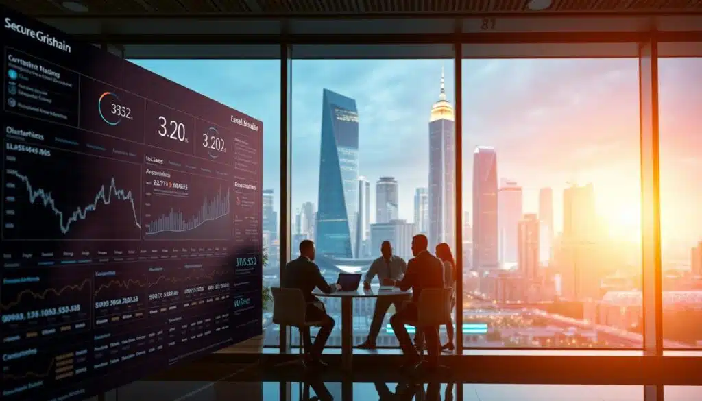 A sleek, modern office setting with a large glass window overlooking a bustling city skyline. In the foreground, a secure blockchain dashboard displays real-time analytics, cryptographic hashes, and transaction logs. Subtle lighting casts a warm glow, emphasizing the technological sophistication. In the middle ground, a team of data analysts and cybersecurity experts huddle around a conference table, deep in discussion about the latest fraud prevention strategies. The background features towering skyscrapers and a vibrant, futuristic cityscape, symbolizing the scale and importance of blockchain-powered financial security. The overall atmosphere conveys a sense of innovation, precision, and vigilance in the face of emerging digital threats.