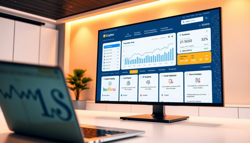 A sleek, modern office setting with a large monitor displaying a crypto tax software dashboard. The foreground features a laptop and keyboard, with financial charts, graphs, and data visualizations prominently displayed. The middle ground showcases various icons and infographics highlighting key software features such as transaction tracking, cost basis calculations, tax form generation, and portfolio analysis. The background has a clean, minimalist design with hints of blockchain-inspired geometric patterns. Warm, directional lighting creates a professional, authoritative atmosphere, emphasizing the software's capability to efficiently manage complex crypto tax obligations. A sleek, modern office setting with a large monitor displaying a crypto tax software dashboard. The foreground features a laptop and keyboard, with financial charts, graphs, and data visualizations prominently displayed. The middle ground showcases various icons and infographics highlighting key software features such as transaction tracking, cost basis calculations, tax form generation, and portfolio analysis. The background has a clean, minimalist design with hints of blockchain-inspired geometric patterns. Warm, directional lighting creates a professional, authoritative atmosphere, emphasizing the software's capability to efficiently manage complex crypto tax obligations.