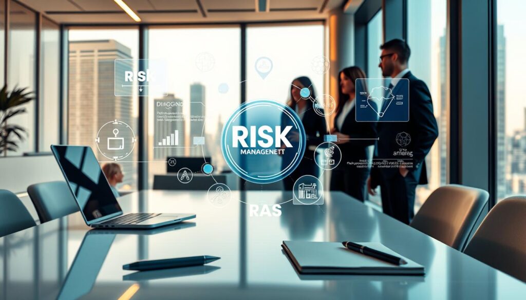 A sleek, modern office setting with clean lines and minimalist decor. In the foreground, a table with a laptop, pen, and notebook, representing the tools of risk management. In the middle ground, three people in business attire engaged in a thoughtful discussion, surrounded by holographic infographics and data visualizations depicting key risk management principles such as risk identification, assessment, and mitigation. The background features floor-to-ceiling windows overlooking a cityscape, bathed in warm, directional lighting that casts subtle shadows, conveying a sense of professionalism and authority.