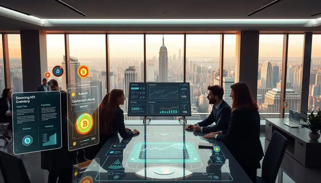 A sleek, modern office setting with clean lines and minimalist decor. In the foreground, a group of people gathered around a table, engaged in a thoughtful discussion about designing an NFT loyalty program. Holographic displays showcase various program elements, such as reward tiers, redemption options, and member engagement metrics. The middle ground features a large, centralized dashboard monitoring program performance and user activity. In the background, floor-to-ceiling windows offer a panoramic view of a bustling city skyline, bathed in warm, natural lighting that casts a serene ambiance over the scene. The overall tone conveys a sense of collaborative innovation and forward-thinking in the realm of blockchain-based customer loyalty.