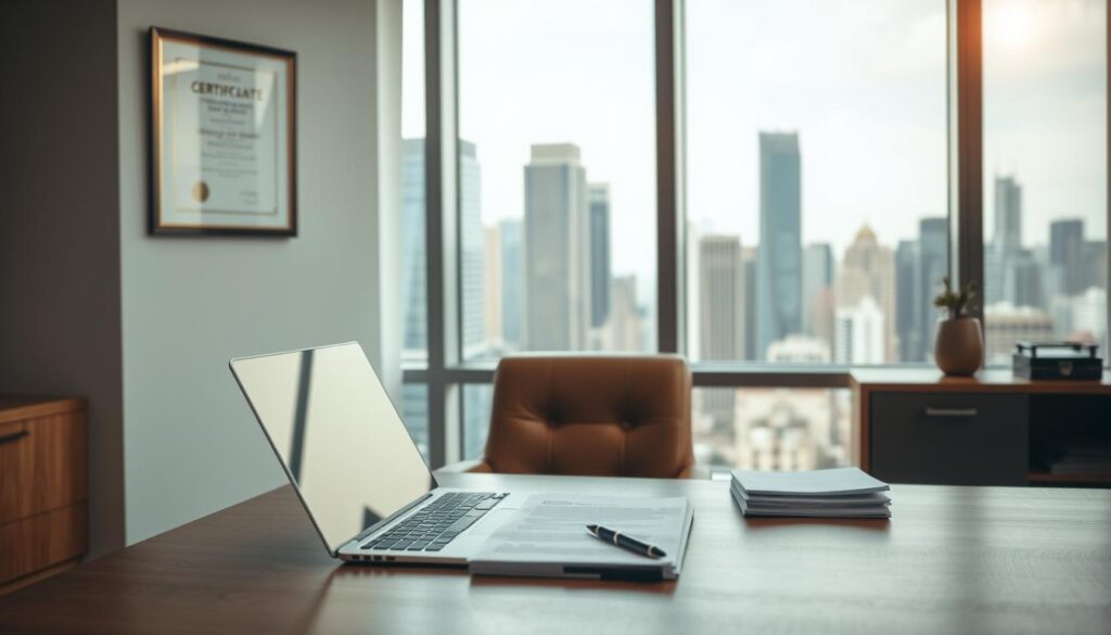 A sleek, modern office space with a large window overlooking a bustling city skyline. In the foreground, a wooden desk with a laptop, a stack of documents, and a pen resting on the surface. Behind the desk, a leather chair sits invitingly. On the wall, a framed certificate or award symbolizing the expertise of a leading crypto insurer broker. The lighting is soft and natural, casting a warm glow over the scene. The overall atmosphere conveys a sense of professionalism, reliability, and trustworthiness, reflecting the importance of choosing the right crypto insurer and broker. A sleek, modern office space with a large window overlooking a bustling city skyline. In the foreground, a wooden desk with a laptop, a stack of documents, and a pen resting on the surface. Behind the desk, a leather chair sits invitingly. On the wall, a framed certificate or award symbolizing the expertise of a leading crypto insurer broker. The lighting is soft and natural, casting a warm glow over the scene. The overall atmosphere conveys a sense of professionalism, reliability, and trustworthiness, reflecting the importance of choosing the right crypto insurer and broker.