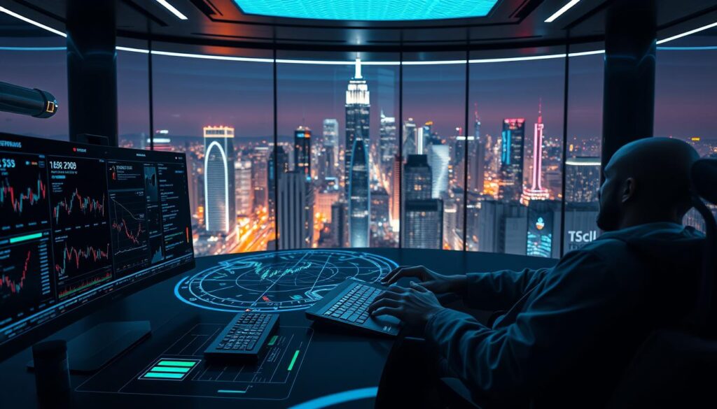 A sleek, modern trading desk in a dimly lit, futuristic office. In the foreground, a trader's hands deftly navigate a multi-screen setup, their movements guided by a complex AI trading algorithm running in the background. The middle ground features a large holographic display, projecting real-time market data and sophisticated analytical visualizations. In the background, a panoramic window overlooks a bustling cityscape, the glow of skyscrapers and neon lights creating an atmospheric, cyberpunk-inspired scene. The overall mood is one of precision, power, and the seamless integration of human and machine intelligence in the pursuit of financial success.