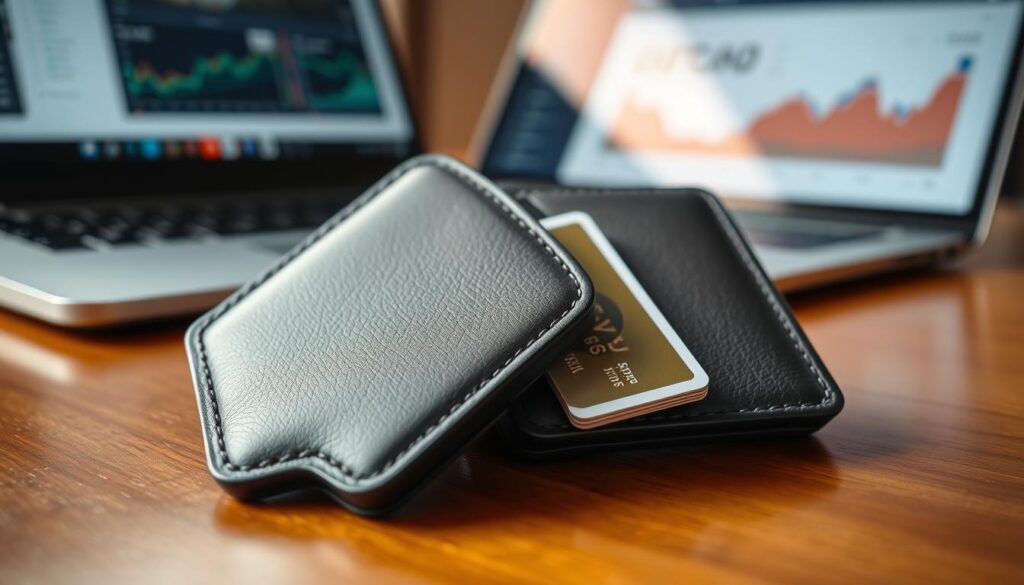 A sleek, modern wallet resting on a polished wooden desk, symbolizing security and control in the world of cryptocurrency. The wallet is made of premium leather, with a subtle embossed design, partially open to reveal neatly organized cards including a digital currency card. In the background, a softly blurred laptop screen displays a cryptocurrency dashboard, hinting at the digital finance theme. Warm, inviting lighting enhances the scene, casting gentle shadows and reflections that add depth. The composition is shot at a slight angle to emphasize the wallet's texture and detail, creating a professional and sophisticated atmosphere that conveys trust and innovation in crypto custody.