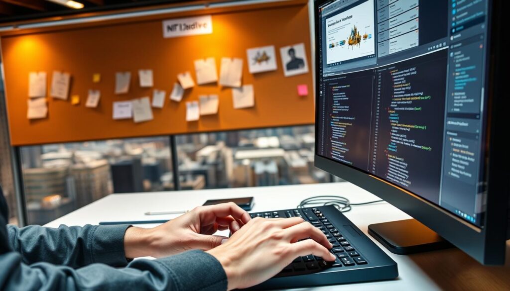 A sleek, modern workplace setting with a developer's workstation in the foreground. The developer's hands are intently typing on a mechanical keyboard, the screen displaying wireframes and coding interfaces. In the middle ground, a corkboard showcases sticky notes, sketches, and a timeline outlining the development process. The background features a panoramic view of a bustling city skyline, hinting at the scale and scope of the NFT auction platform project. Warm, focused lighting casts a professional atmosphere, emphasizing the step-by-step, methodical approach to building this complex digital system.
