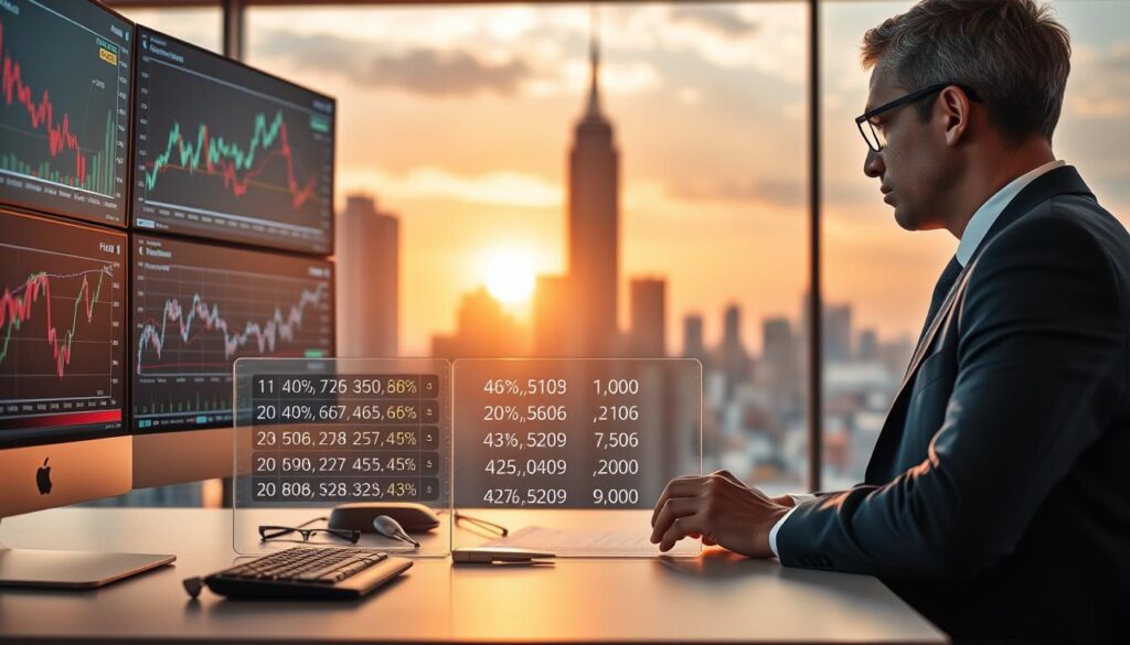 A sleek, modern workspace illustrating the theme of "fees FX conversion." In the foreground, a professional businessperson in a business suit is analyzing multiple financial charts and graphs displayed on digital screens, depicting fluctuating rates and hidden fees. In the middle, a transparent calculator shows numerical inputs for currency exchange rates, emphasizing the complexities of FX conversions. The background features a city skyline with a setting sun, casting warm, golden light that creates a focus on the workspace, enhancing the atmosphere of financial diligence and professionalism. The image should have a clean, high-tech aesthetic with a focus on clarity, featuring a shallow depth of field that keeps the subject sharp while softly blurring the background elements.