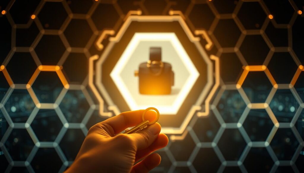 A sleek, transparent blockchain network comprised of interlocking hexagonal panels, casting a warm, ambient glow. In the foreground, a hand holds a golden key, symbolizing the secure access and trust inherent in the system. The background depicts a luxurious product, such as a high-end watch or handbag, subtly integrated into the blockchain framework, showcasing its authenticity and provenance. The scene is illuminated by a soft, diffused light, creating a sense of harmony and reliability. The overall composition conveys the enhanced transparency and trust that blockchain technology brings to the luxury goods industry.