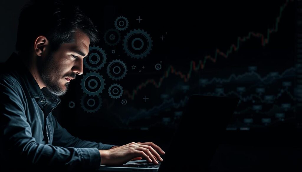 A somber, moody scene of risk management techniques for the volatile crypto market. In the foreground, a trader meticulously analyzes financial charts and data on a laptop, brow furrowed in concentration. The middle ground features various investment strategies visualized as interconnected gears and mechanisms, symbolizing the complex nature of risk management. In the distant background, a tumultuous crypto market landscape, with fluctuating price graphs and rapidly moving data streams, creates a sense of uncertainty and volatility. Dramatic lighting casts heavy shadows, adding to the weight and gravity of the situation. The overall composition conveys the importance of diligent risk mitigation in the face of the unpredictable crypto market.
