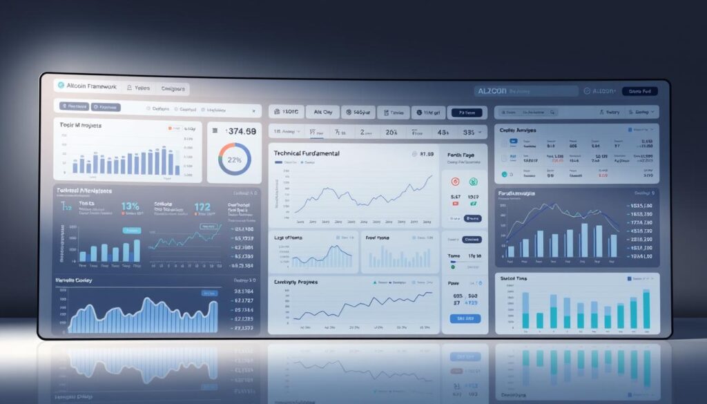 A sophisticated altcoin analysis framework displayed on a sleek and modern dashboard. The foreground showcases a series of interactive charts, graphs, and data visualizations presenting key metrics and insights about a diverse range of altcoin projects. In the middle ground, a central panel displays an in-depth breakdown of a selected altcoin's technical, fundamental, and market performance. The background features a minimalist UI design with clean lines, subtle gradients, and a muted color palette that creates a sense of professionalism and authority. Soft, directional lighting illuminates the various analytical components, creating depth and dimensionality. The overall scene conveys a comprehensive, data-driven approach to evaluating the potential of emerging cryptocurrencies.