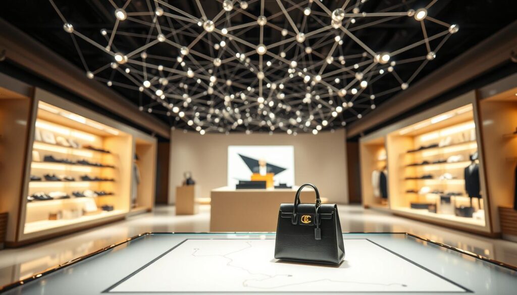 A sophisticated blockchain network seamlessly integrated into a high-end luxury retail environment. In the foreground, a carefully crafted product display showcases an exclusive item, its authenticity verified by embedded blockchain technology. The middle ground features a sleek, minimalist interface, allowing customers to trace the item's supply chain history with a tap. In the background, a complex web of interconnected nodes and cryptographic transactions illustrates the robust security and transparency of the blockchain implementation. Soft, diffused lighting casts a warm, premium ambiance, while a low-angle perspective emphasizes the precision and elegance of the integrated system. The overall scene conveys a sense of technological innovation harmoniously blended with the refined aesthetics of the luxury goods industry.