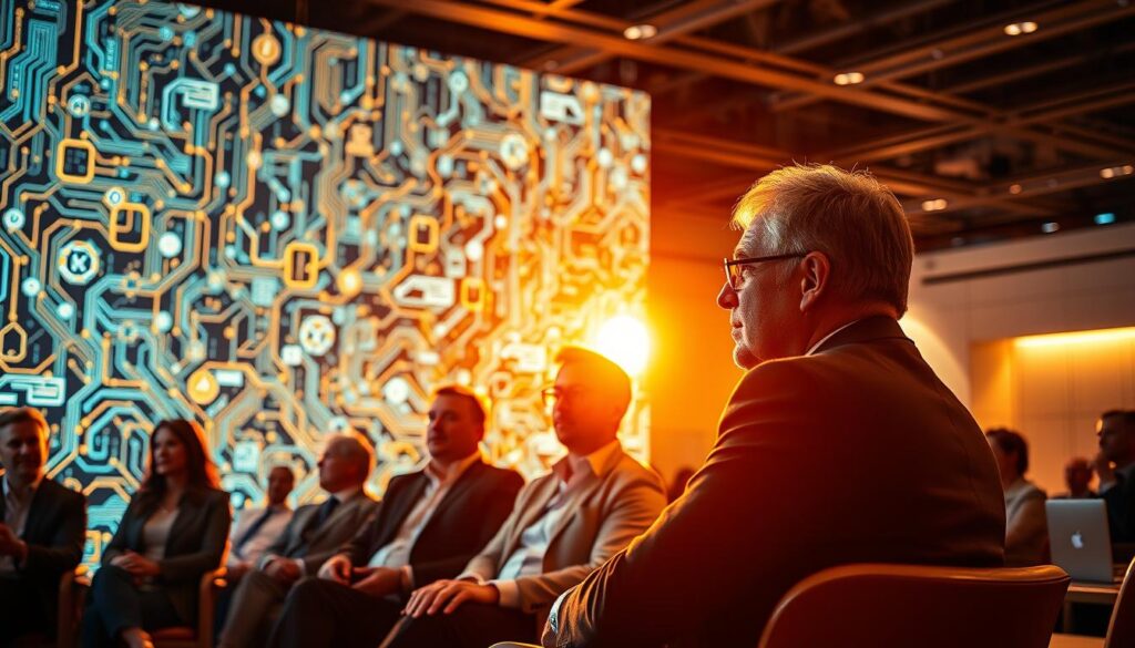 A sophisticated blockchain network with intricate circuit patterns and data nodes, bathed in a warm, golden light. In the foreground, a panel of industry experts engaged in a thoughtful discussion, their expressions conveying deep insights and knowledge. In the background, a sleek, minimalist conference setting with clean lines and a sense of technological advancement. The scene exudes an aura of authority, innovation, and the collective wisdom of experienced professionals shaping the future of cryptocurrency.