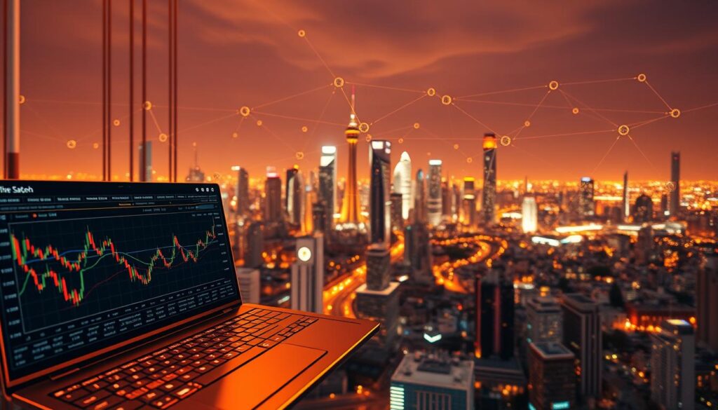 A sophisticated blockchain system is depicted, showcasing its decentralized nature and transparent operations. The foreground features a sleek user interface of a decentralized exchange, with intuitive trading charts, order books, and liquidity pools. The middle ground highlights the interconnected nodes of the blockchain network, each verifying and securing transactions in a decentralized manner. In the background, a vibrant cityscape represents the global reach and adoption of this innovative financial technology. Warm lighting and a slightly futuristic aesthetic convey a sense of progress and innovation. The overall composition emphasizes the transparency, accessibility, and distributed power of the decentralized finance ecosystem. A sophisticated blockchain system is depicted, showcasing its decentralized nature and transparent operations. The foreground features a sleek user interface of a decentralized exchange, with intuitive trading charts, order books, and liquidity pools. The middle ground highlights the interconnected nodes of the blockchain network, each verifying and securing transactions in a decentralized manner. In the background, a vibrant cityscape represents the global reach and adoption of this innovative financial technology. Warm lighting and a slightly futuristic aesthetic convey a sense of progress and innovation. The overall composition emphasizes the transparency, accessibility, and distributed power of the decentralized finance ecosystem.