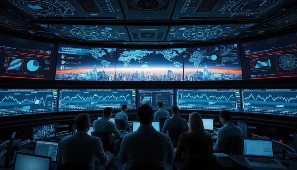 A sophisticated command center with a panoramic view of a futuristic trading landscape. Intricate algorithms and data visualizations displayed on holographic screens, meticulously orchestrating the ebb and flow of global markets. In the foreground, a team of analysts immersed in intense strategy discussions, their expressions focused and determined. Soft ambient lighting casts a contemplative glow, while strategic overlays and complex models flicker across the expansive wall displays. The atmosphere is one of cutting-edge innovation, where human expertise and machine intelligence converge to unlock the secrets of advanced trading signal generation.
