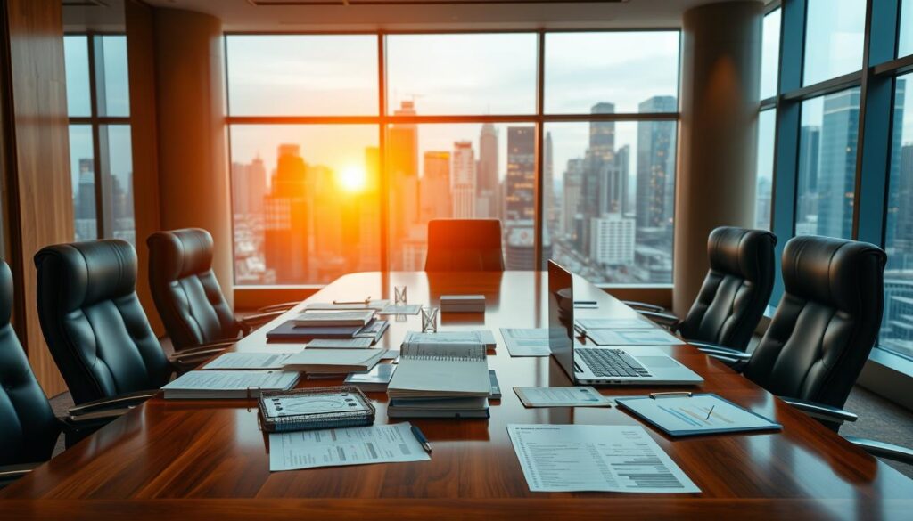 A sophisticated corporate boardroom, illuminated by warm, soft lighting that casts a professional ambiance. In the foreground, a polished wooden table is adorned with various financial documents, ledgers, and a sleek laptop, representing the intricate strategies and data analysis at the heart of corporate treasury management. In the middle ground, high-backed leather chairs surround the table, hinting at the thoughtful deliberations and decision-making processes of the executives. The background features floor-to-ceiling windows, offering a panoramic view of a bustling city skyline, symbolizing the global reach and impact of the organization's financial strategies. The overall scene conveys a sense of focused professionalism, financial acumen, and strategic vision. A sophisticated corporate boardroom, illuminated by warm, soft lighting that casts a professional ambiance. In the foreground, a polished wooden table is adorned with various financial documents, ledgers, and a sleek laptop, representing the intricate strategies and data analysis at the heart of corporate treasury management. In the middle ground, high-backed leather chairs surround the table, hinting at the thoughtful deliberations and decision-making processes of the executives. The background features floor-to-ceiling windows, offering a panoramic view of a bustling city skyline, symbolizing the global reach and impact of the organization's financial strategies. The overall scene conveys a sense of focused professionalism, financial acumen, and strategic vision.