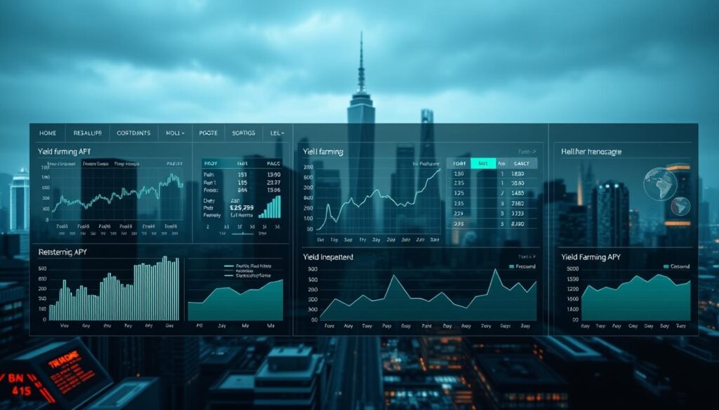 A sophisticated data visualization dashboard depicting detailed DeFi platform metrics. In the foreground, a series of sleek, minimalist charts and graphs displaying real-time yield farming APYs across multiple DeFi protocols. The middle ground features a clean, user-friendly interface with interactive filtering and sorting options. The background depicts a futuristic cityscape, with skyscrapers and neon-lit towers symbolizing the dynamic, ever-evolving DeFi landscape. Soft, diffused lighting creates a sense of depth and atmosphere, while a muted color palette of blues, grays, and greens conveys a professional, analytical tone. The overall scene reflects the complexity and analytical nature of comparing DeFi yield farming opportunities across a wide range of platforms.