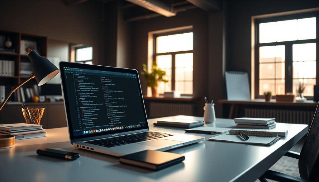 A sophisticated office workspace, illuminated by warm, natural lighting filtering through large windows. On a sleek, minimalist desk, a laptop displays various blockchain programming language options, surrounded by neatly organized coding tools and reference materials. The scene exudes a sense of thoughtful deliberation, as the user carefully considers the nuances of each language, weighing their specific requirements and the unique features they offer for blockchain development. A sophisticated office workspace, illuminated by warm, natural lighting filtering through large windows. On a sleek, minimalist desk, a laptop displays various blockchain programming language options, surrounded by neatly organized coding tools and reference materials. The scene exudes a sense of thoughtful deliberation, as the user carefully considers the nuances of each language, weighing their specific requirements and the unique features they offer for blockchain development.