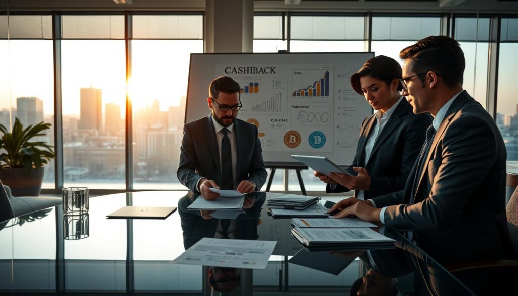 A sophisticated, professional financial setting with a focus on crypto cashback rewards and tax implications. In the foreground, a diverse group of three business professionals—two men and one woman—dressed in business attire, engage in discussion around a sleek glass table, examining financial documents and digital devices. In the middle, a modern office environment with a large whiteboard displaying graphs, charts, and icons representing cashback rewards, tax calculations, and cryptocurrency. The background features a city skyline visible through large windows, bathed in warm, natural light, creating an inviting atmosphere. The camera angle is slightly elevated, capturing both the collaboration at the table and the dynamic office space. The overall mood should convey professionalism, clarity, and innovation in financial planning.