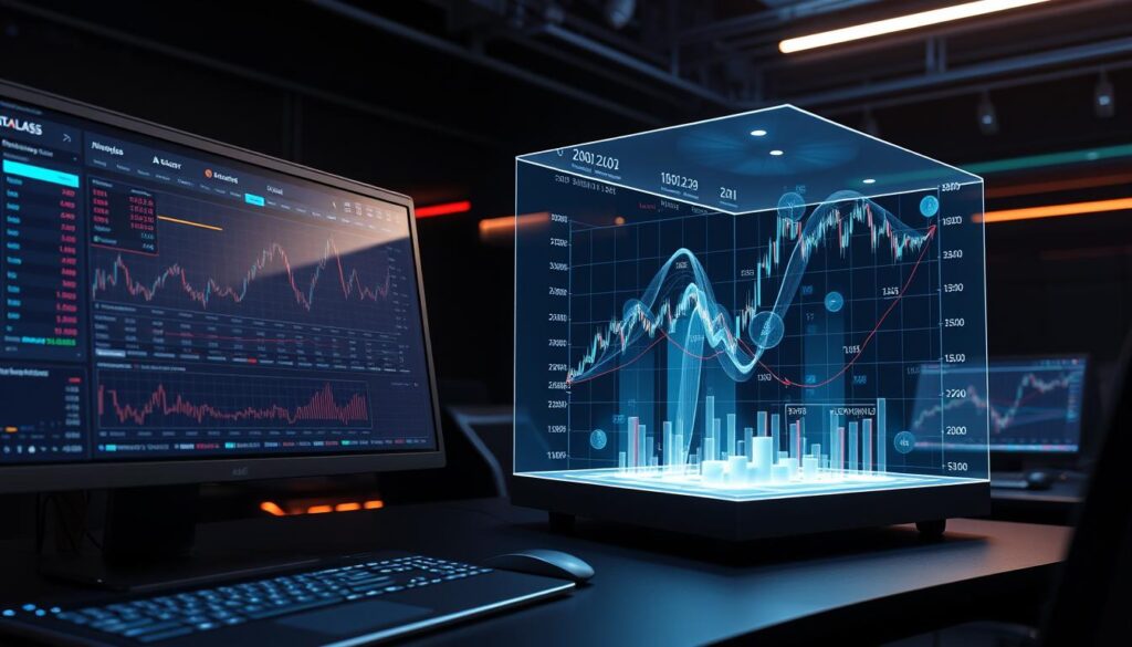 A sophisticated trading terminal displaying advanced analytics, real-time market data, and complex AI-driven algorithms. The foreground features a sleek, minimalist interface with interactive charts, trading indicators, and customizable dashboards. The middle ground showcases a holographic projection of a 3D model of a cryptocurrency market, with dynamic visualizations of price movements, volume, and trends. The background is a dimly lit, futuristic workspace with subtle lighting, lending an air of technological sophistication and precision. The overall atmosphere conveys a sense of control, intelligence, and financial prowess in the world of cryptocurrency trading.