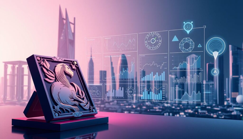 A sophisticated, visually striking illustration depicting the methodologies for accurate NFT valuation. In the foreground, a meticulously rendered 3D model of a stylized NFT artwork, showcasing its intricate details and unique visual characteristics. In the middle ground, a transparent overlay of various data visualizations and statistical charts, representing the analytical frameworks and metrics used to assess the fair market value of the NFT. The background features a futuristic, minimalist cityscape, with sleek skyscrapers and floating holograms, conveying the cutting-edge, technological nature of the NFT valuation process. The lighting is soft and directional, creating depth and emphasizing the key elements. The overall composition and color palette evoke a sense of precision, innovation, and the intersection of art and finance.