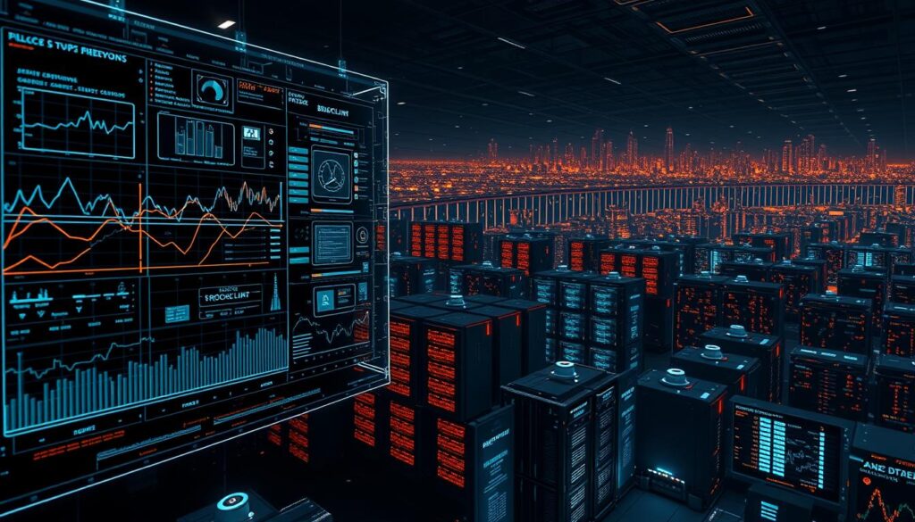 A sprawling blockchain data visualization in a dark, futuristic setting. In the foreground, a sleek, holographic interface displays dynamic charts, graphs, and data streams. Intricate lines and geometric shapes pulse with energy, visualizing the complex interconnections within the blockchain network. In the middle ground, a cluster of high-tech servers and data storage units hum with activity, their neon-lit panels casting an eerie glow. The background is dominated by a vast, cityscape-like expanse of towering server racks and glowing data centers, suggesting the enormous scale and infrastructure powering the blockchain ecosystem. The overall atmosphere is one of technological sophistication, analytical depth, and the endless possibilities of blockchain-driven data analysis.